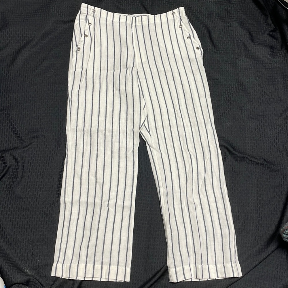 Chicos Linen Striped Pants with Side Pockets and Elastic Waist Size 2= 12/medium